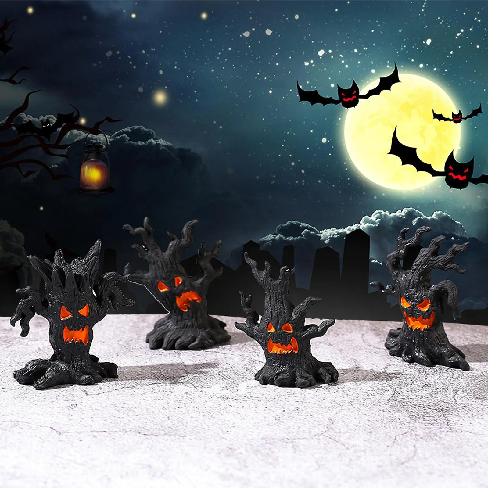 4 Pieces Halloween Decoration Halloween Tree Creative Resin Ghosts Cute Ornaments Spooky Tree for Patio Shelf Tabletop Porch