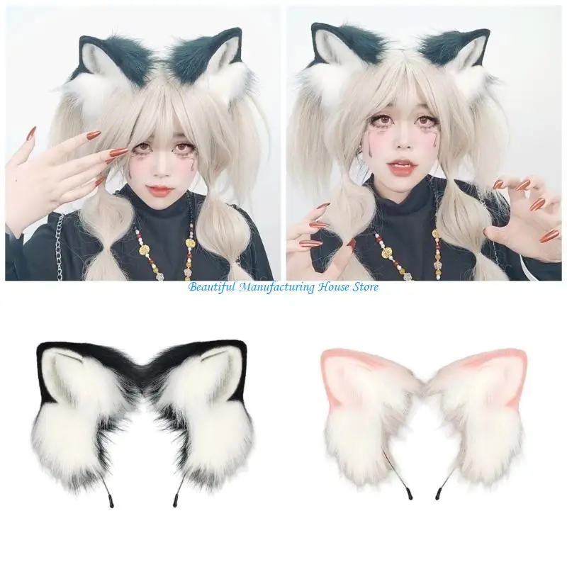 

E56A Plush Anime Ear Hairband Handmade Hairhoop Costume Accessories for Formal Event