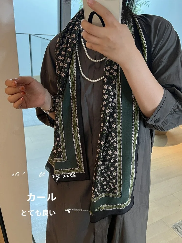 白銀芬花柄枝00-桑絹ベルトスカーフロングダブルガーゼ本物のシルク花柄ヘアバンドスカーフ女性用アクセサリー