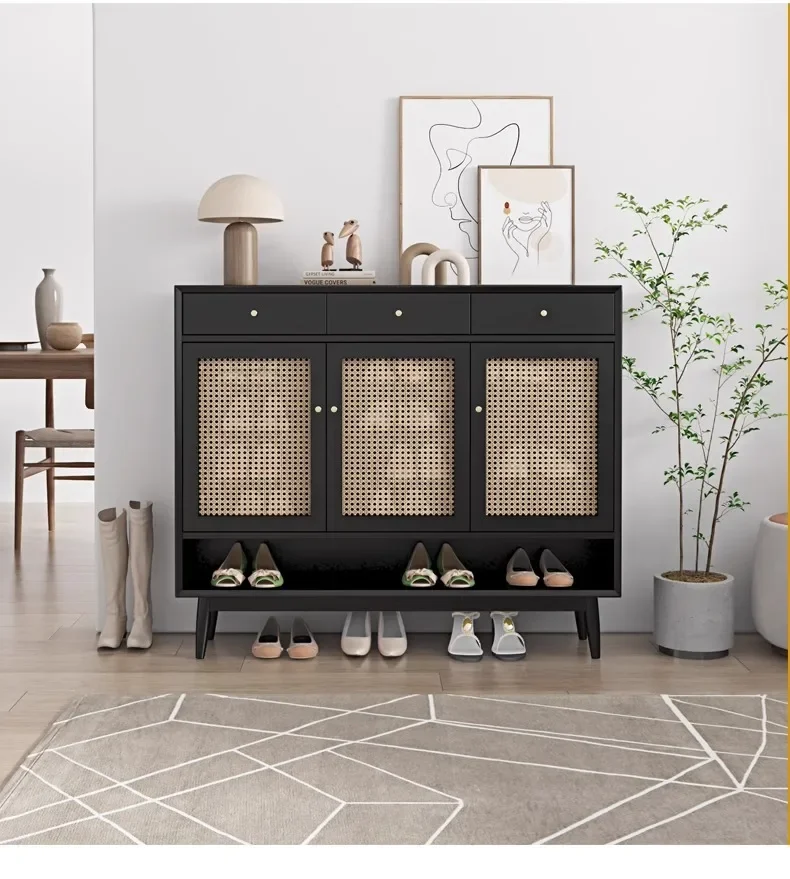 A French retro solid wood rattan shoe cabinet breathable entrance large-capacity storage cabinet