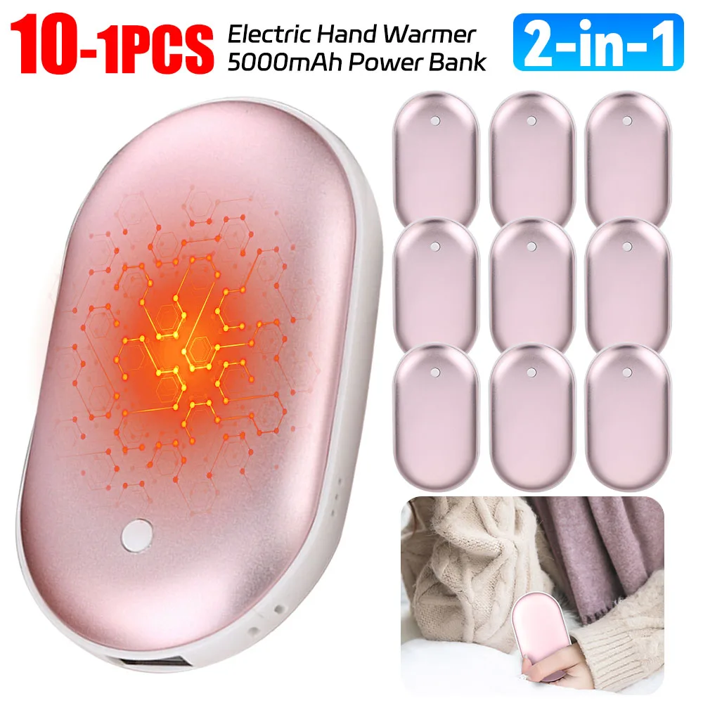 2-in-1 Electric Hand Warmer USB Rechargeable 5000mAh Power Bank Portable Pocket Heater 3 Levels Double Side Heating for Outdoor