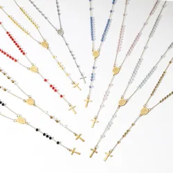 1 Piece 304 Stainless Steel & Glass Religious Handmade Link Chain Necklace Gold Color Cross Virgin Mary Charm 54cm(21 2/8