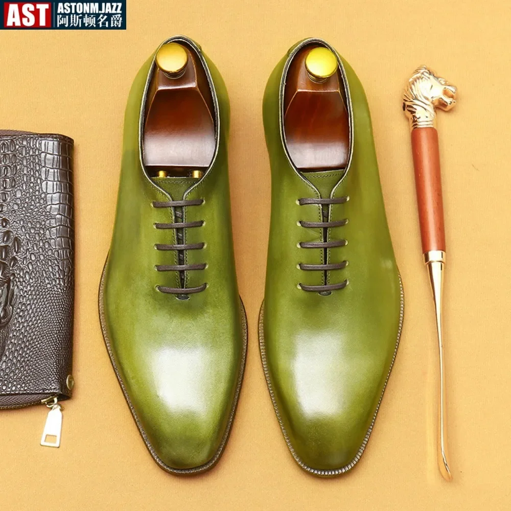 Men Mirror Face Oxfords Shoes Luxury Designer Formal Shoes Patent Leather Pointed Shoes Lace-Up Business Dress Green Mocasines