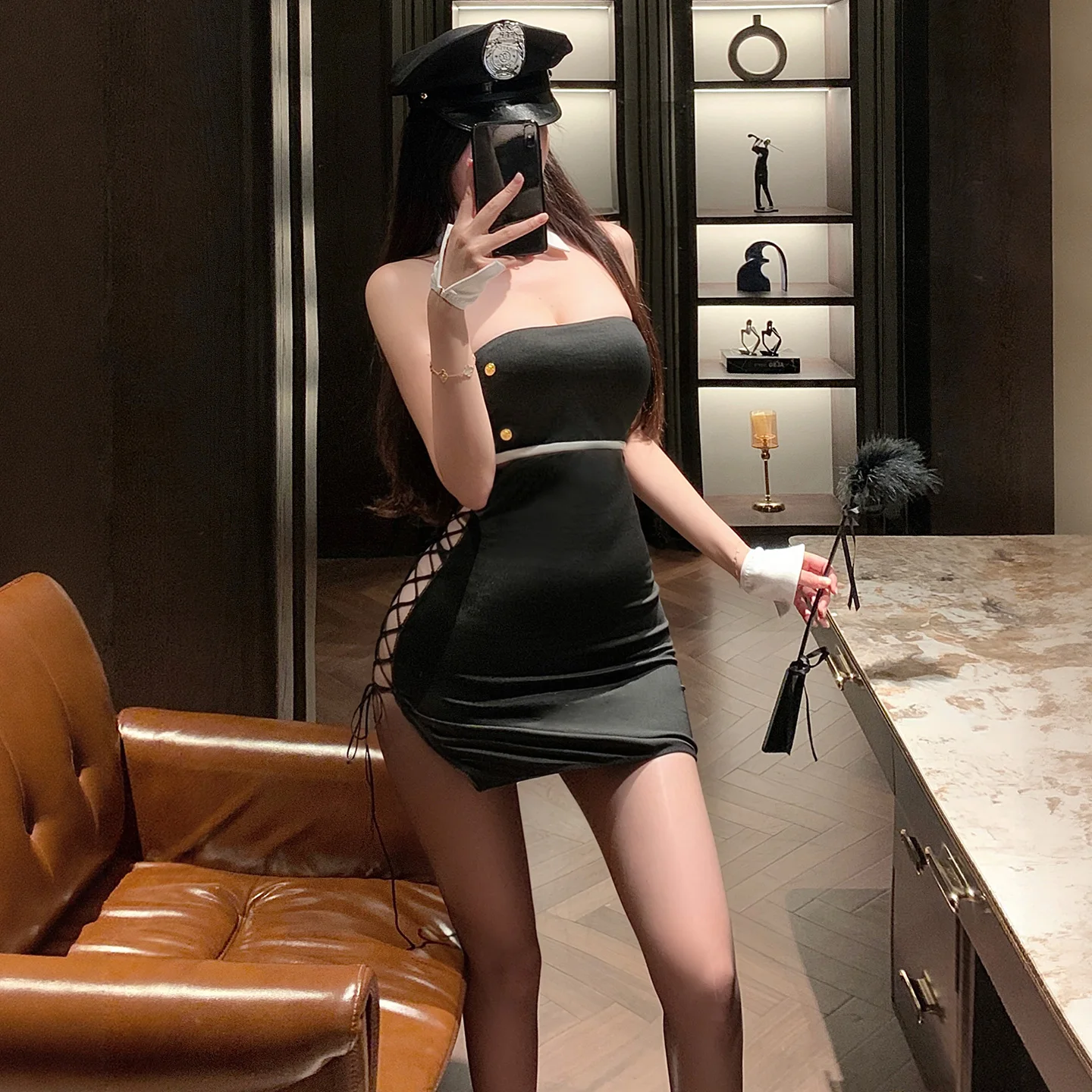 

Women Strapless Bodycon Dress Set Collar Detail Back Lace-Up Design Wrist Cuffs Intimate Costume