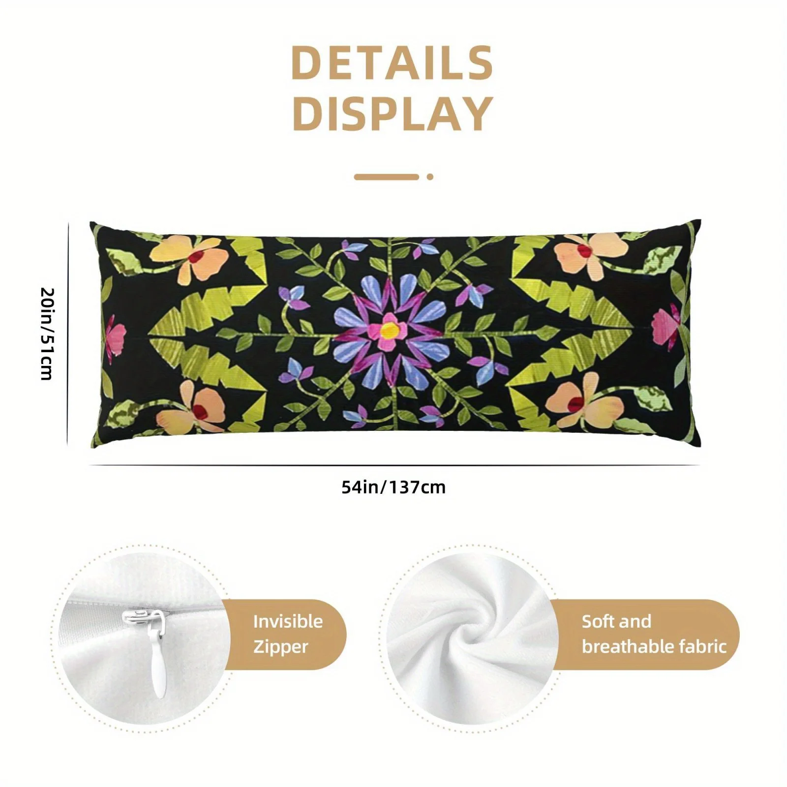 Ultra-Soft 50.8x137.16 cm Double-Sided Floral Tile Body Pillowcase - Breathable and Comfortable, Suitable for Side Sleepers, Bac
