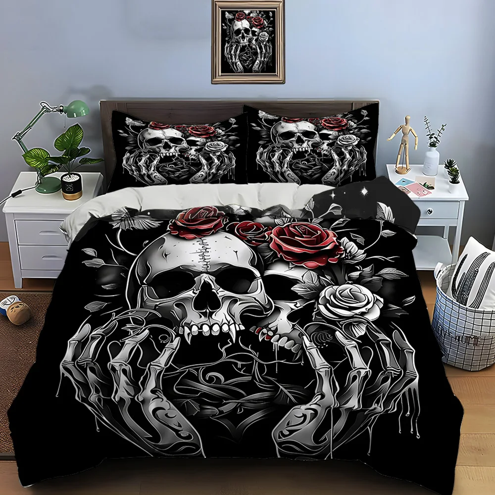 Skulls, Roses, and Skeleton Hands Art Print Soft Comfortable Duvet Cover Bedding Set Included 1*Duvet Cover  2*Pillowcases
