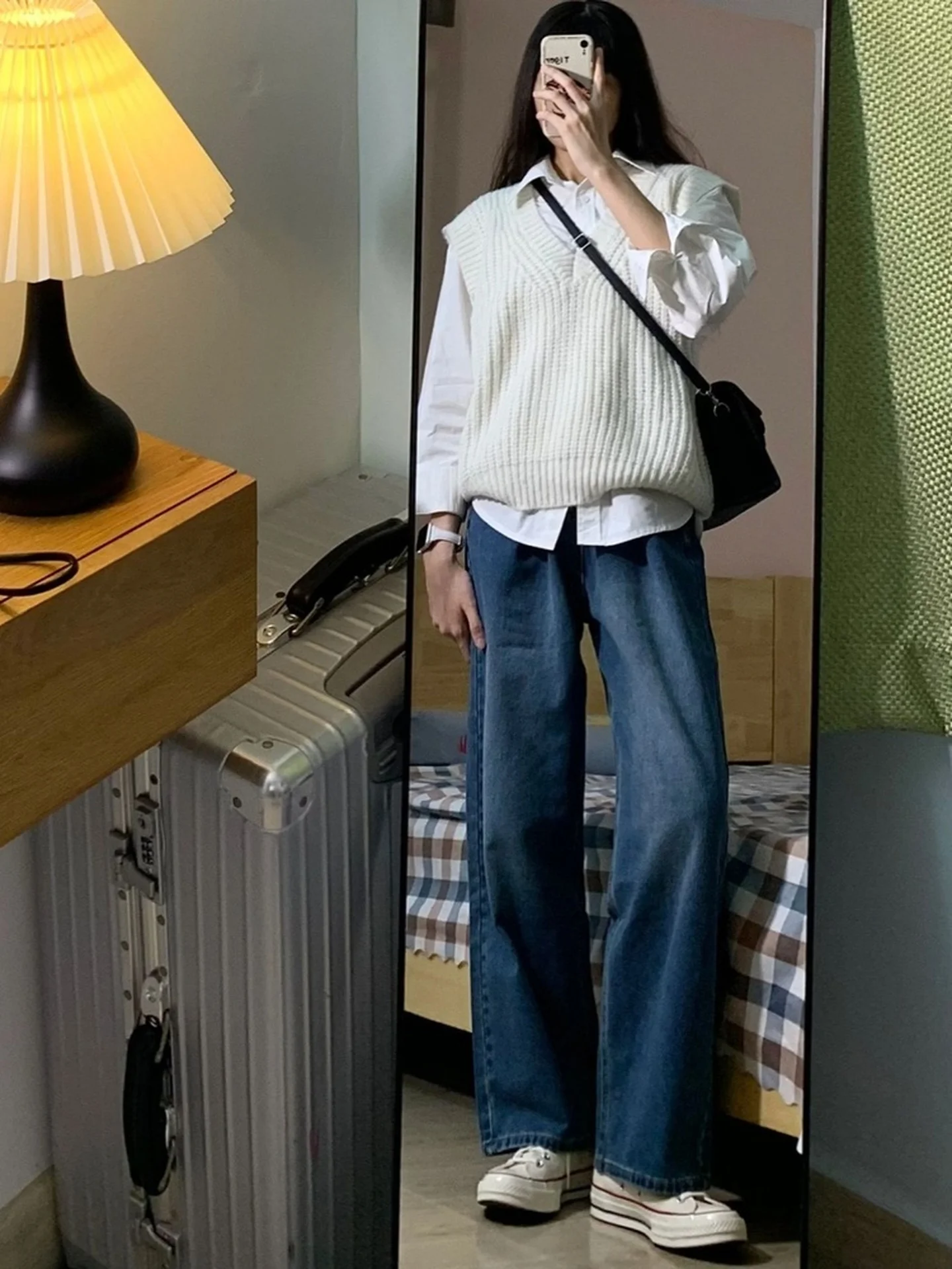 하이웨이스트 와이드 레그 스트레이트 컷 진 여성용 레트로 웨이드 데님 팬츠 가을 겨울 루즈핏 슬리밍 플로어 길이 바지