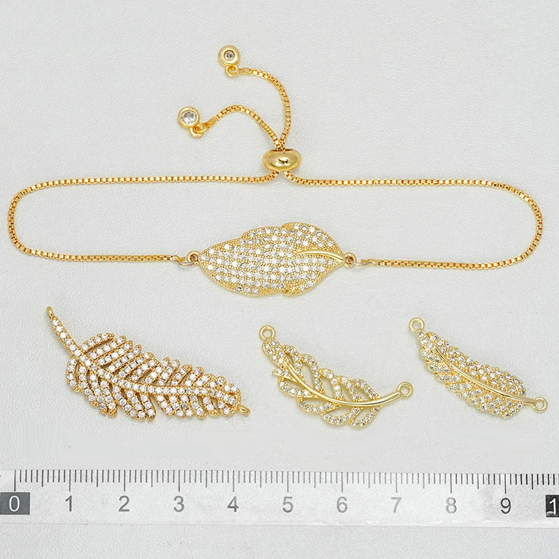 

1 Pcs Leaf Feather Connector for Diy Bracelet Necklace Accessories Pave Inlay Zircon Copper Gold Plated Curved Jewelry Wholesale