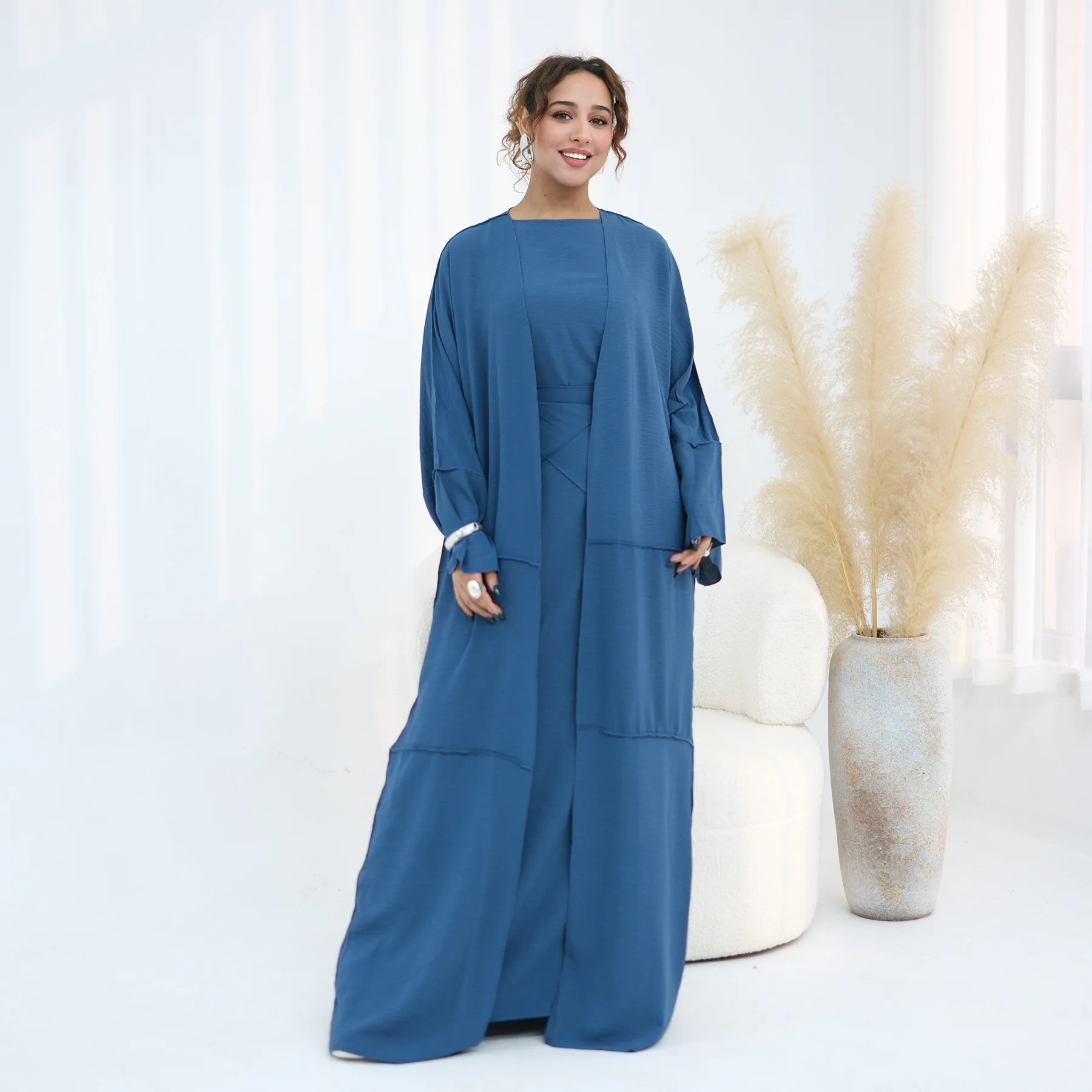 

3PCS Eid Muslim Sets for Women Dubai Abaya Turkey Kaftan Ramadan Islam Jalabiya Kimono Cardigan Robe Long Dress Matching Outfits