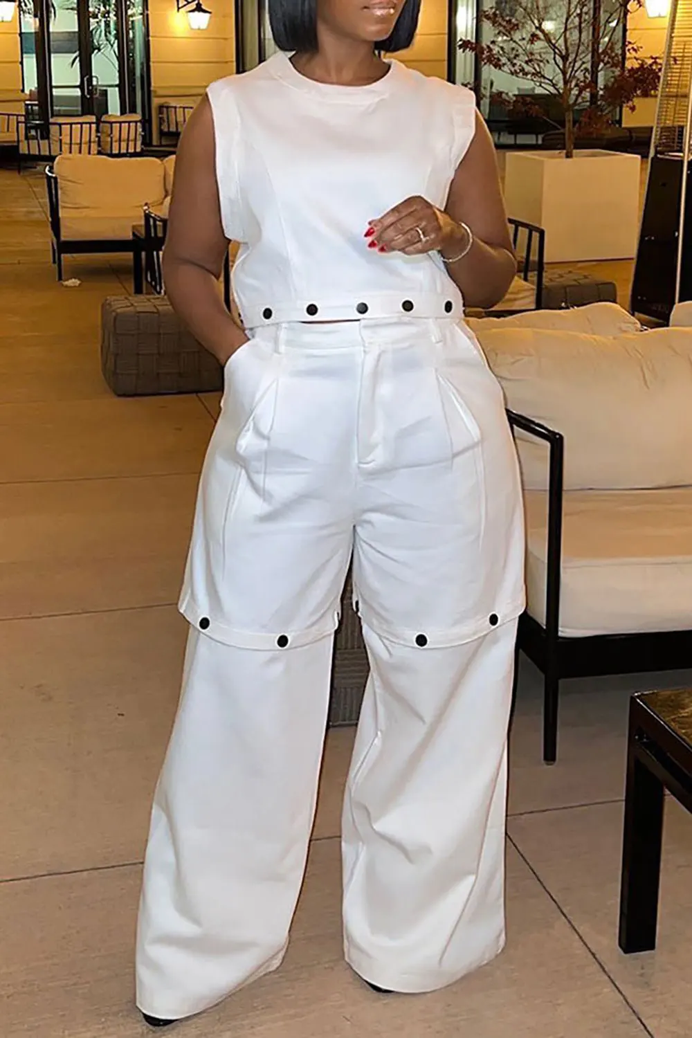 Plus Size Casual Pant Set White Round Neck Detachable Two Piece Pant Set With Pocket for Women