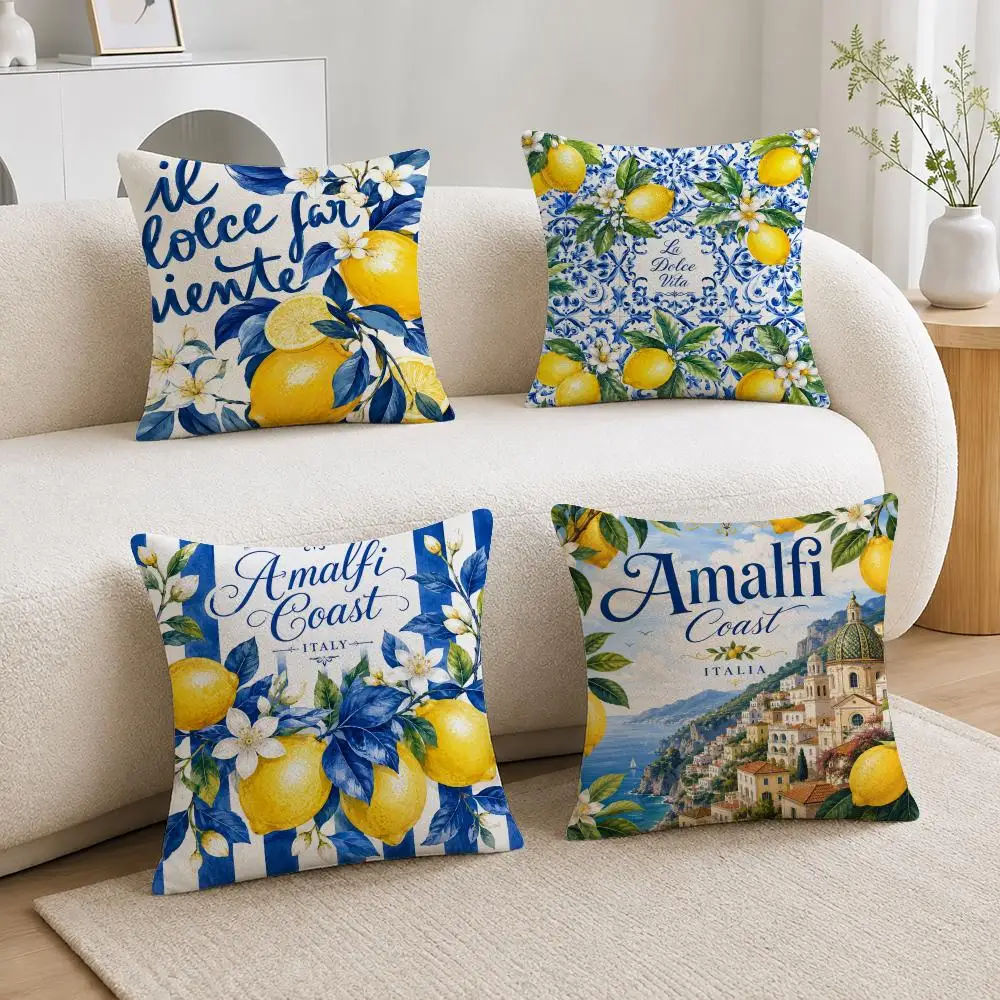 Art Italian Amalfi Coast Lemon Cushion Cover Soft Plush Cushion Covers Fluffy Throw Pillow Cases for Sofa Bedroom Home Decor