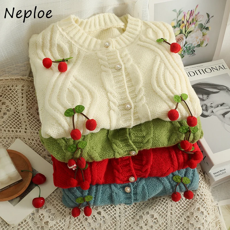 Neploe O Neck Solid Color Long Sleeve Cardigan 2024 Korean Chic All-match Femme Sweater Stereo Cherry Single-breasted Coat Y2K