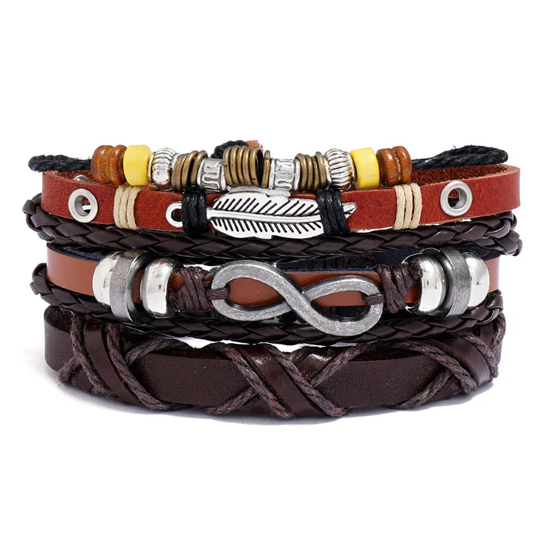 Vintage Men's Bracelets 3pcs/set Mix Match Genuine Leather Bangle Black Brown Cowhide Wristband Punk Style Male Rock Accessory