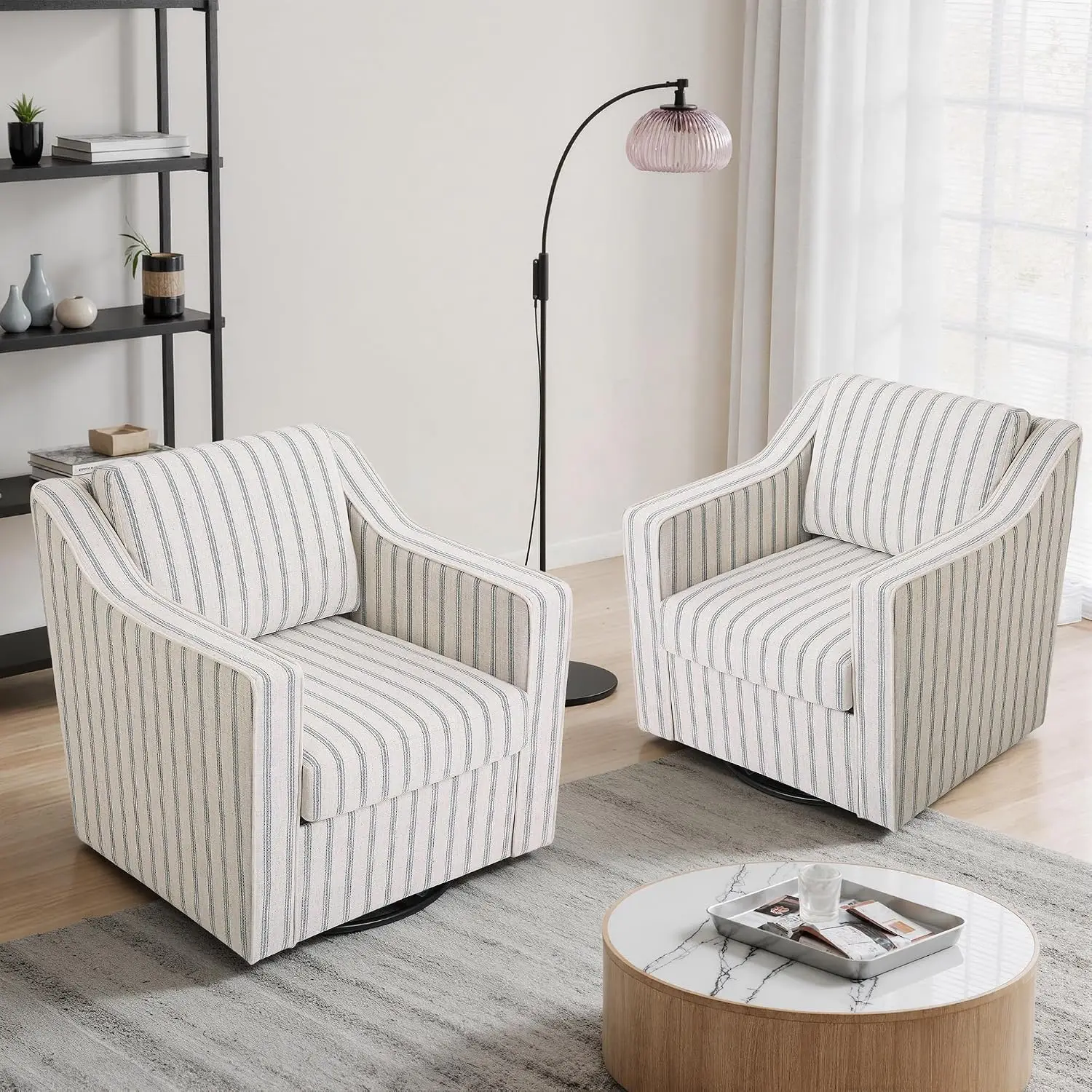 Swivel Accent Armchair Set of 2, Pinstripe Fabric, Light Blue, Customized