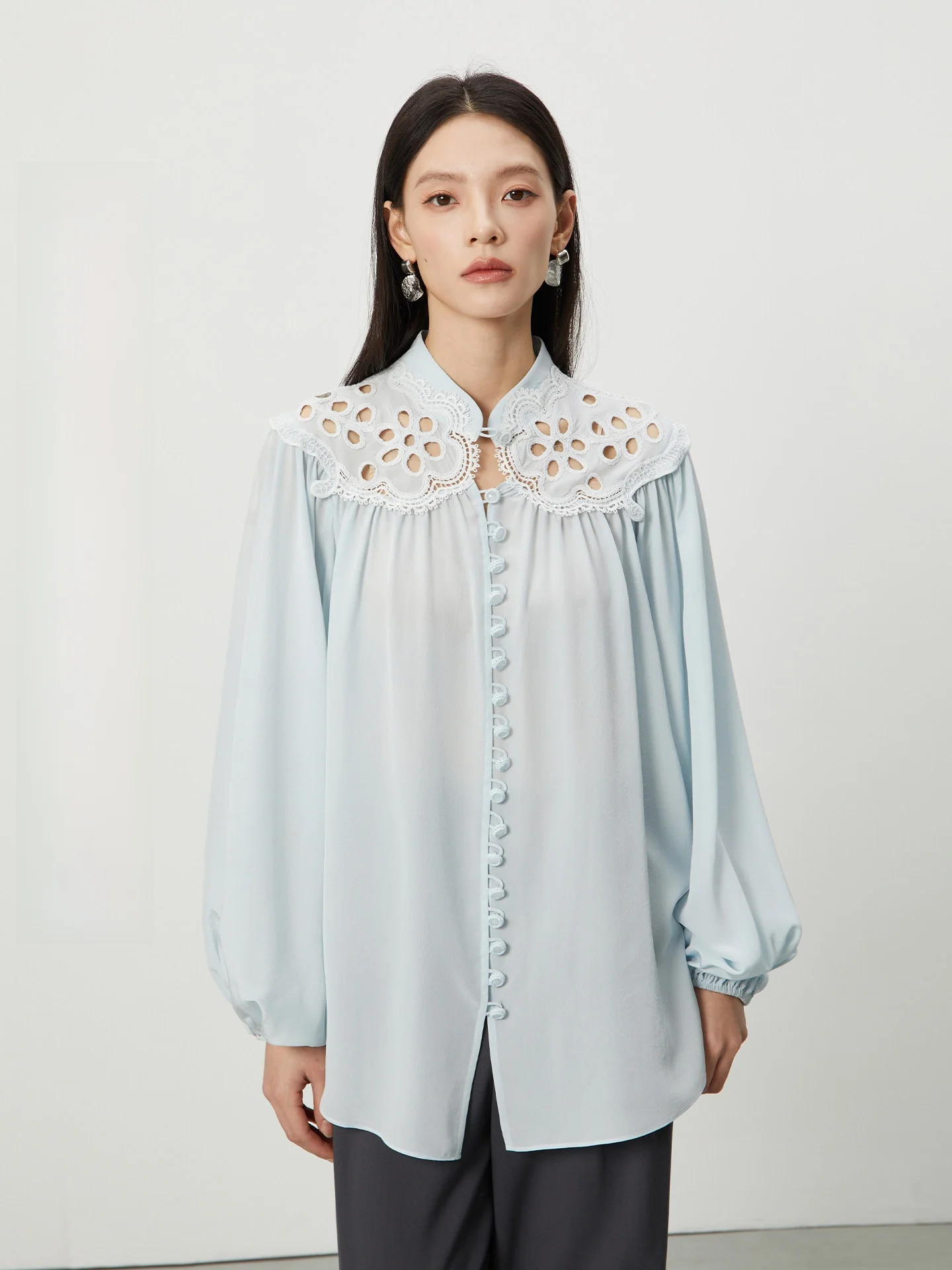 

Silk Bubble Sve irt Women's Double Gauze Texture Silk Cloud oulder Top French Sle Straight Cut Long Sve