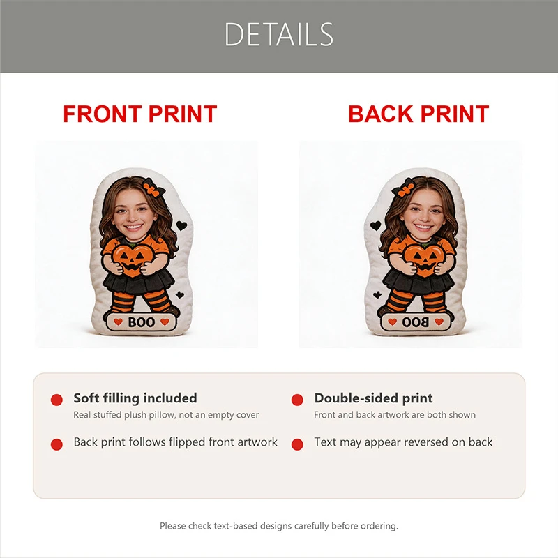 Custom Face Halloween Figure Cushion, Upload Your Own Photo, Double Sided Plush Pillow, Cute Autumn Holiday Gift for Kids and Fa