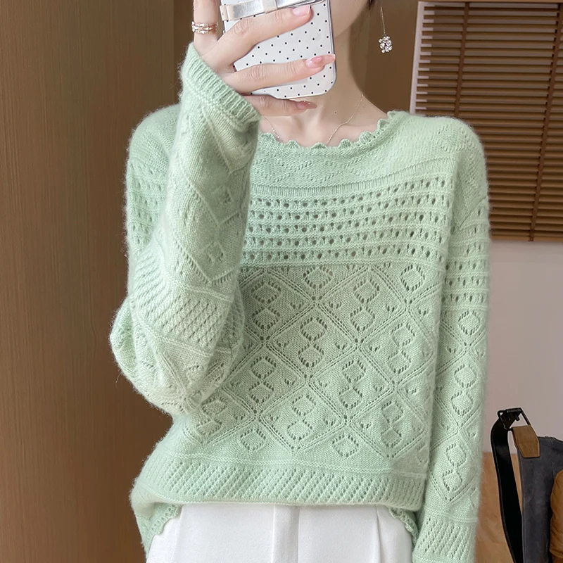 Women\'s Pullover Autumn/Winter 100% Wool Sweater Casual Solid Knit Sweater Round Neck Loose Tops Fashion Korean Hollow Blouse