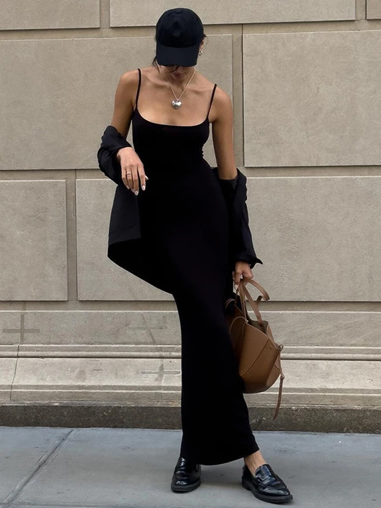 Sibybo Basic Causal Skinny Suspenders Long Dress Sexy Backless Sleeveless High Waist Robe Fashion Summer Dress Women 2024