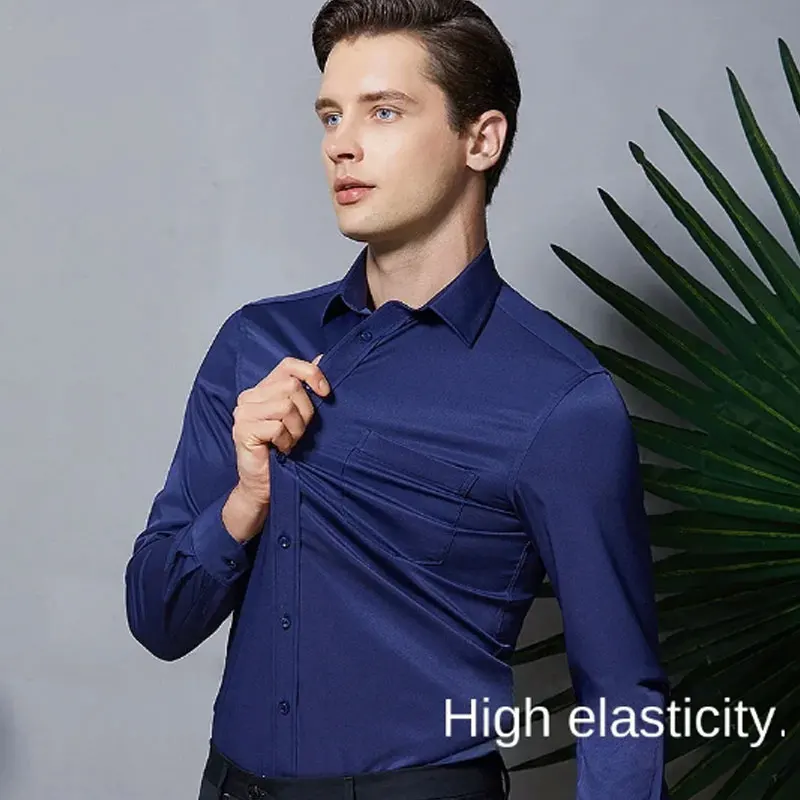 Men\'s shirt without ironing long sleeve pockets business casual solid color stripes breathable slim new fashion high quality