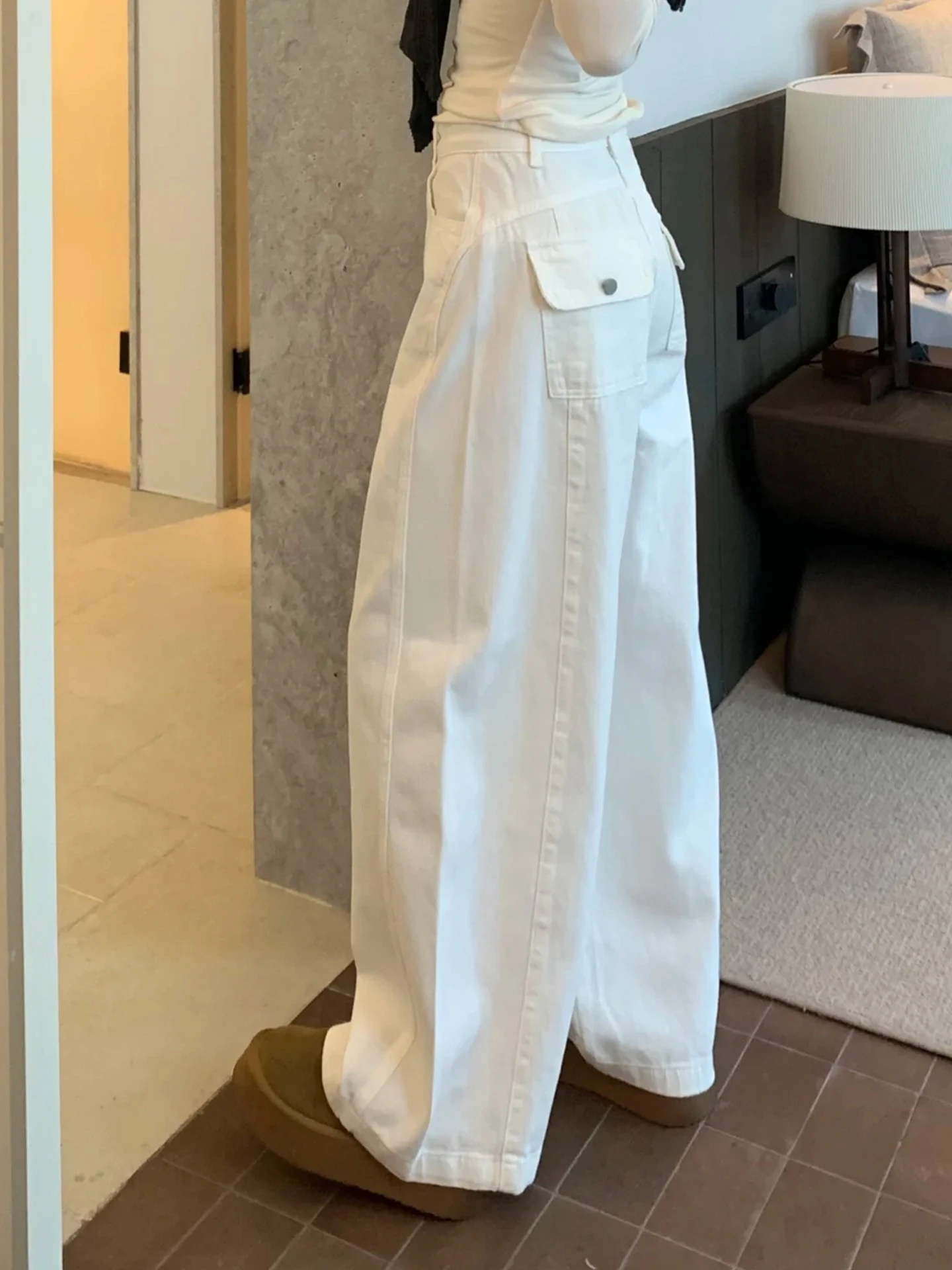 

White Wide Leg Jeans Women's Spring New Workwear Design High Waist Slim Loose Casual Knife Pants Elegant Style Cotton