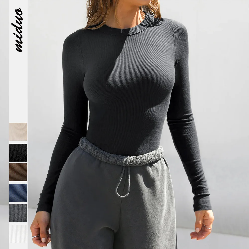 Otoño Invierno 2025 nuevas camisetas de mujer moda acanalada cuello redondo Camiseta de manga larga Top ajustado Y2k ropa de mujer