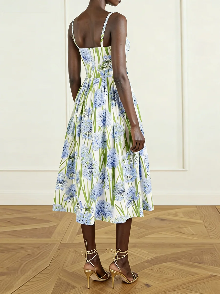 VGH 프렌치 엘레강트 플로럴 미디 드레스 여성용 스파게티 스트랩 스퀘어 칼라 3D 꽃잎 장식 캐주얼 드레스 봄 소풍용