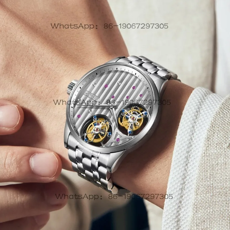 Manual Stainless Steel Hollow Double Tourbillon Mechanical Men's Watch 7075