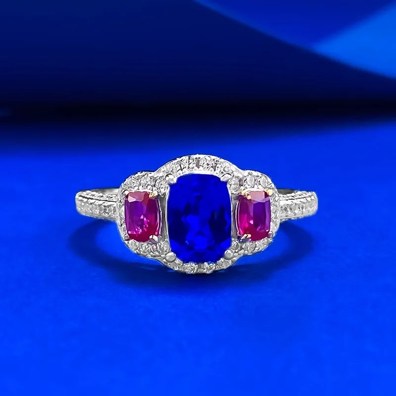 S925 Silver Ring, Fat Square Blue with Dove Blood Red Three Zircon, Noble Retro Style, Light Luxury Jewelry