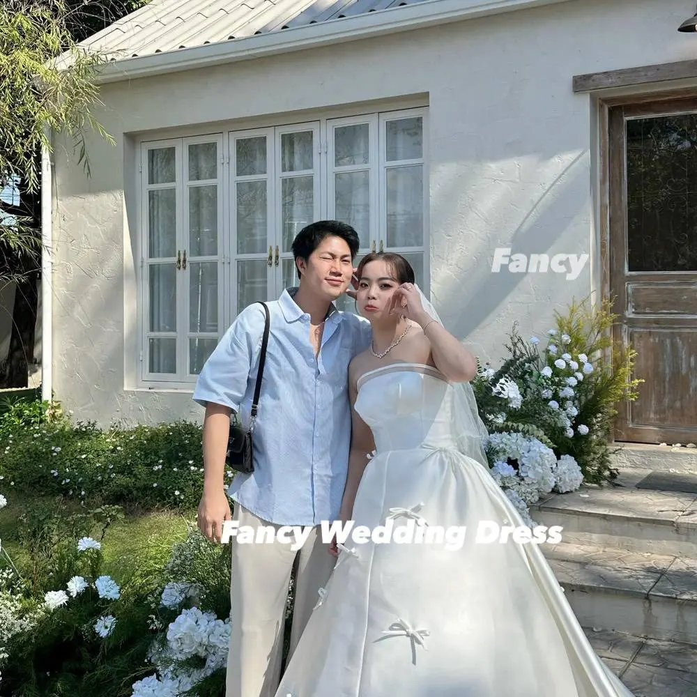 Fancy Simple Strapless Bow Wedding Dress A Line Soft Satin Bridal Gown Floor Length Back Corset Wedding Party Dresses Customized