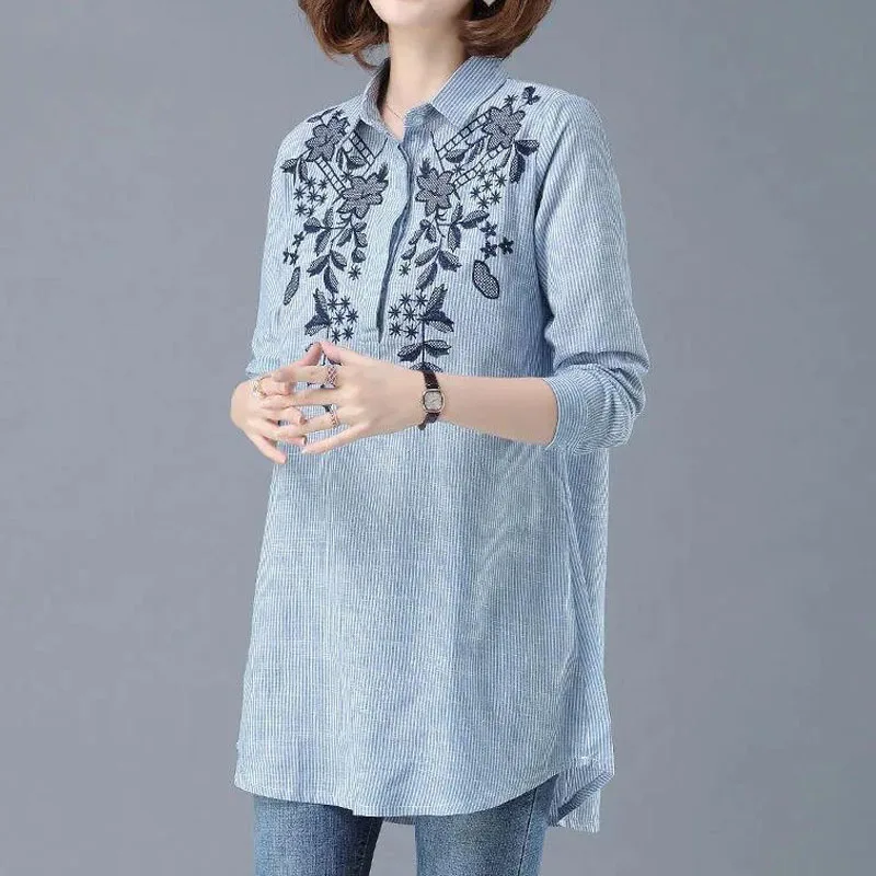 Thin Japan Style Turn-down Collar Cotton Linen Striped Long Sleeve Women Shirt Medium Length Single Breasted Large Embroidery