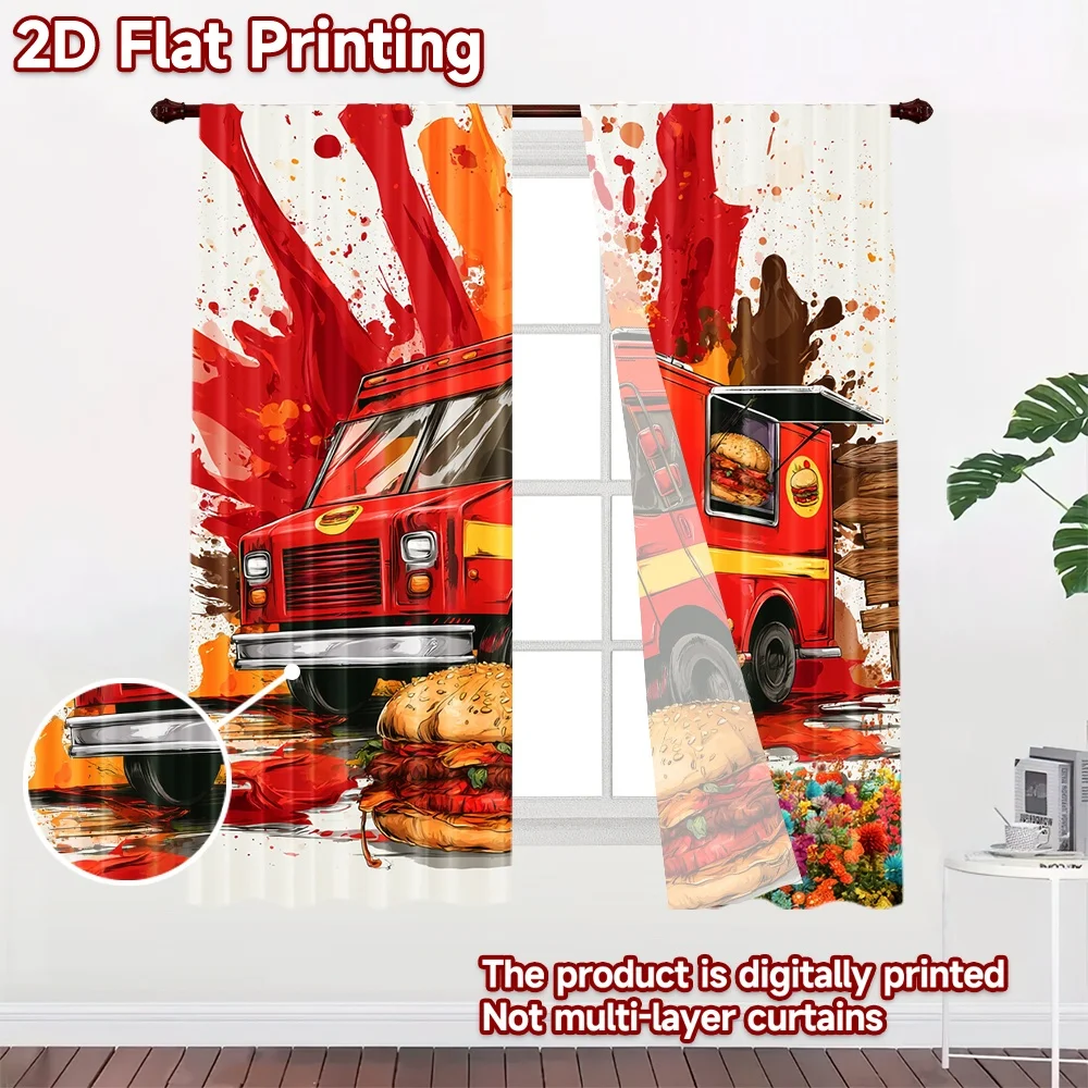 2D flat 2pcs Curtain Retro Country Style Curtains Burger Truck Splash Durable polyester fiber Family Party Decoration Perfect