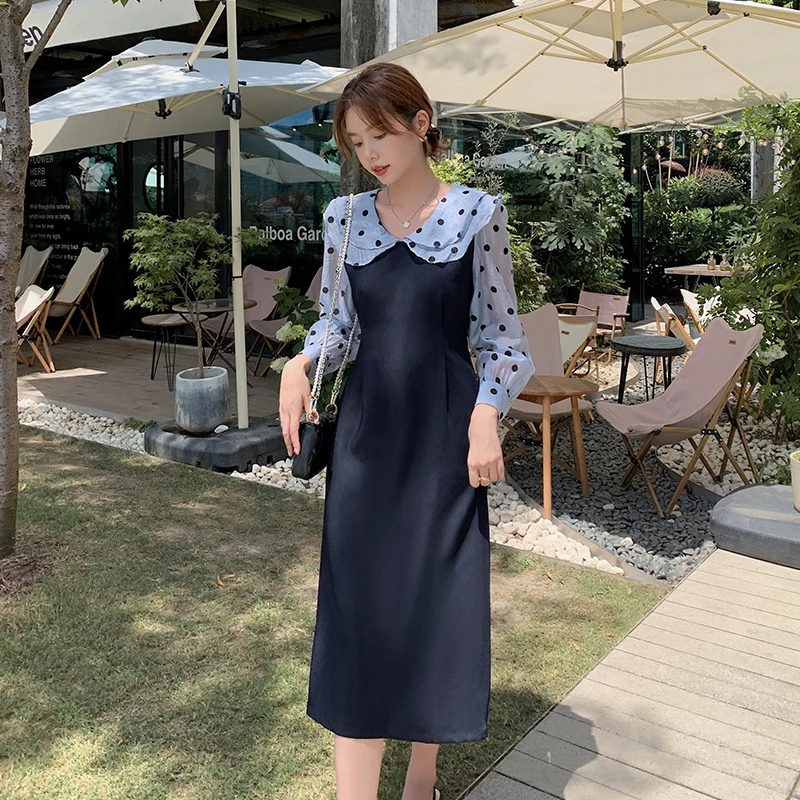 

Women Patchwork Mesh Polak Dot Long Sleeve Midi Dress 2023 Office Lady Dresses Autumn Spring Korean Vintage Fake Two Piece Dress