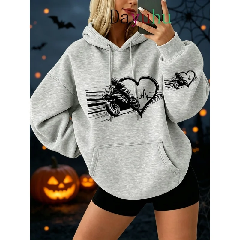 Oversized Streetwear Pullover Hoodie Halloween Motorcycle Heart Graphic Autumn Winter Daily Wear
