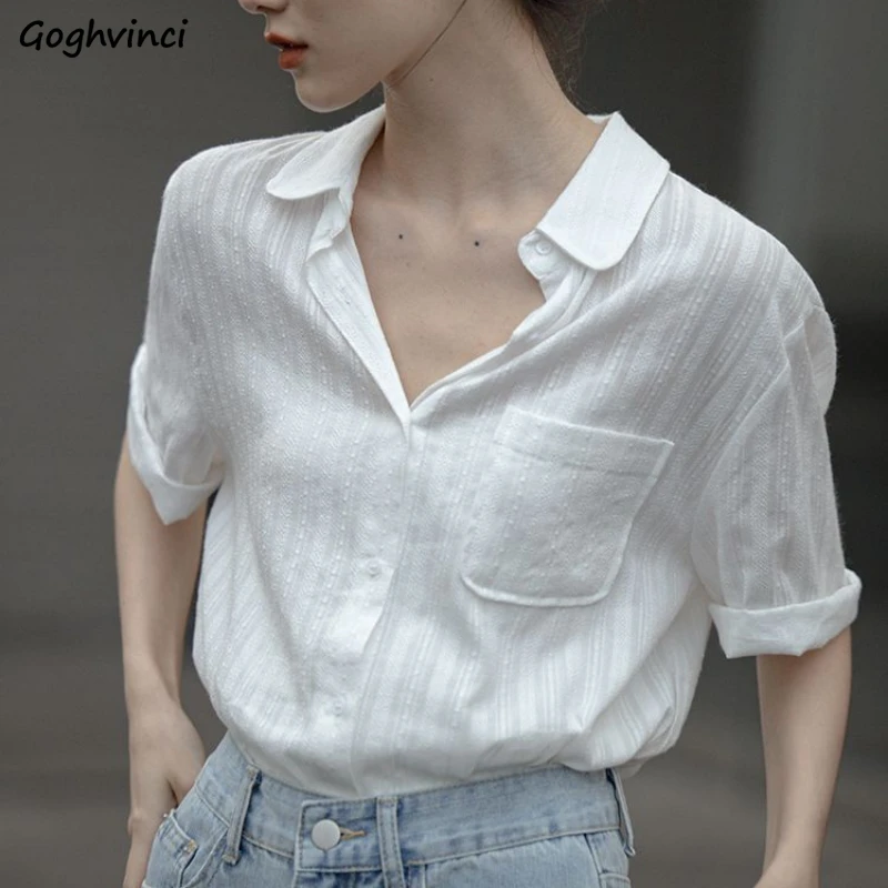 White Shirts Women Short Sleeve Summer Basics Straight Loose Leisure French Style Temperament Tender Commuting Simple Clean Fit