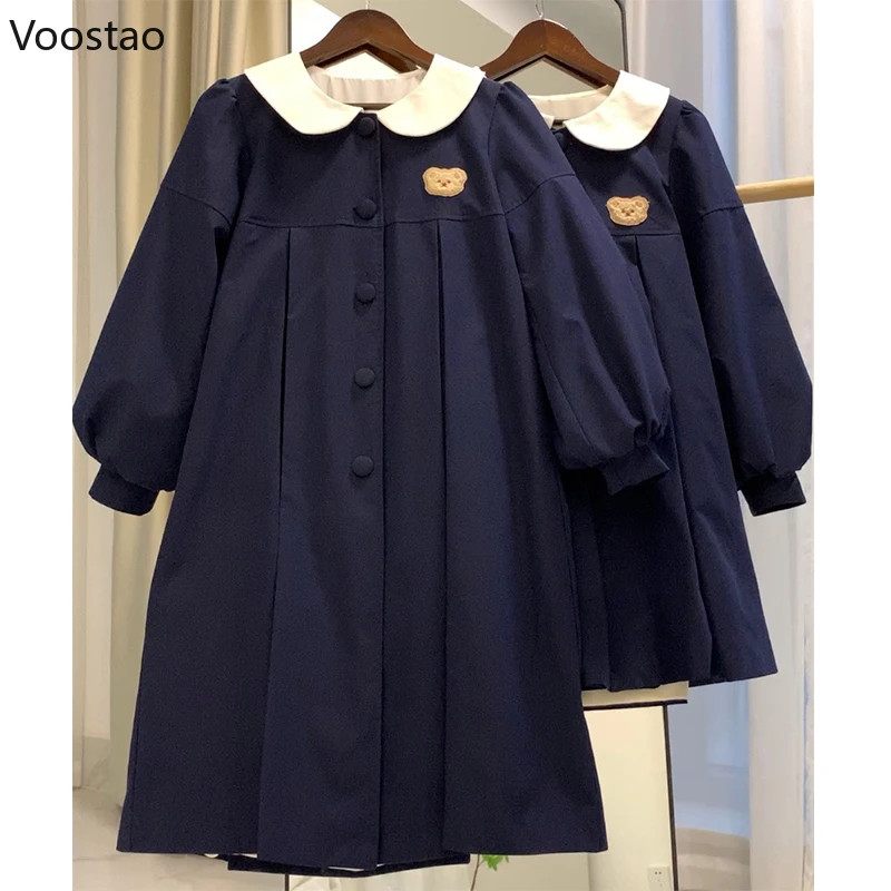 Japanese Kawaii Coat Cartoon Bear Embroidery Peter Pan Collar Loose Jacket Women Sweet Puff Sleeve Trench Outwear Autumn Fashion