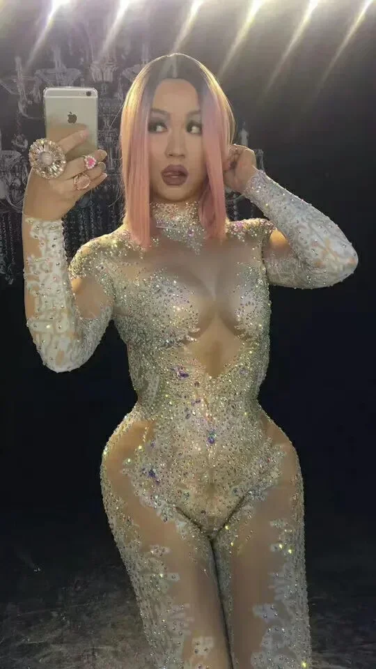 Nude Shining Sparkly Rhinestones Long Sleeves Sexy Jumpsuits For Women Nightclub DJ Pole Dance Wear Stage Drag Queen Outfits