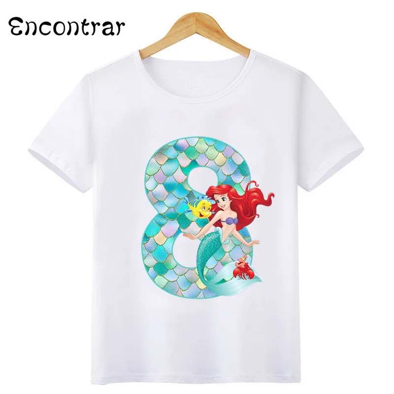 Disney Princess Mermaid Graphic Girls Clothes Kids T shirt Age 1 2 3 4 5 6 7 8 9 Years Birthday Number Bow Baby T-Shirts,HKP2697