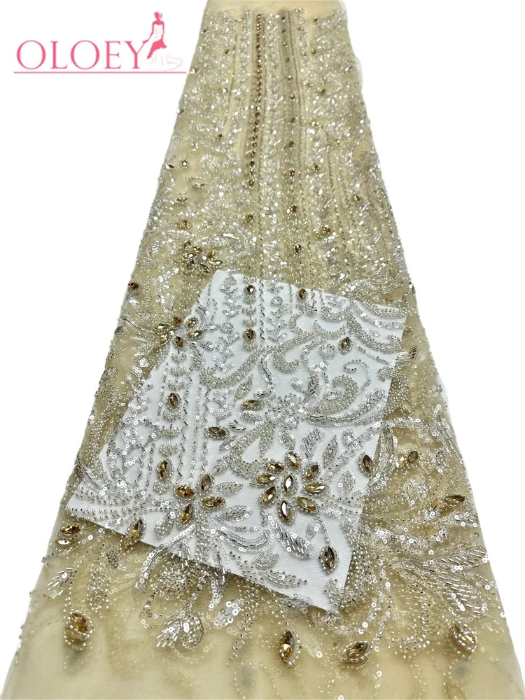 

OLOEY African Luxury Hand-Beaded Stone Lace Fabric High-Quality Nigerian Sequin Tulle Lace Fabric Wedding Gown & Evening Dress