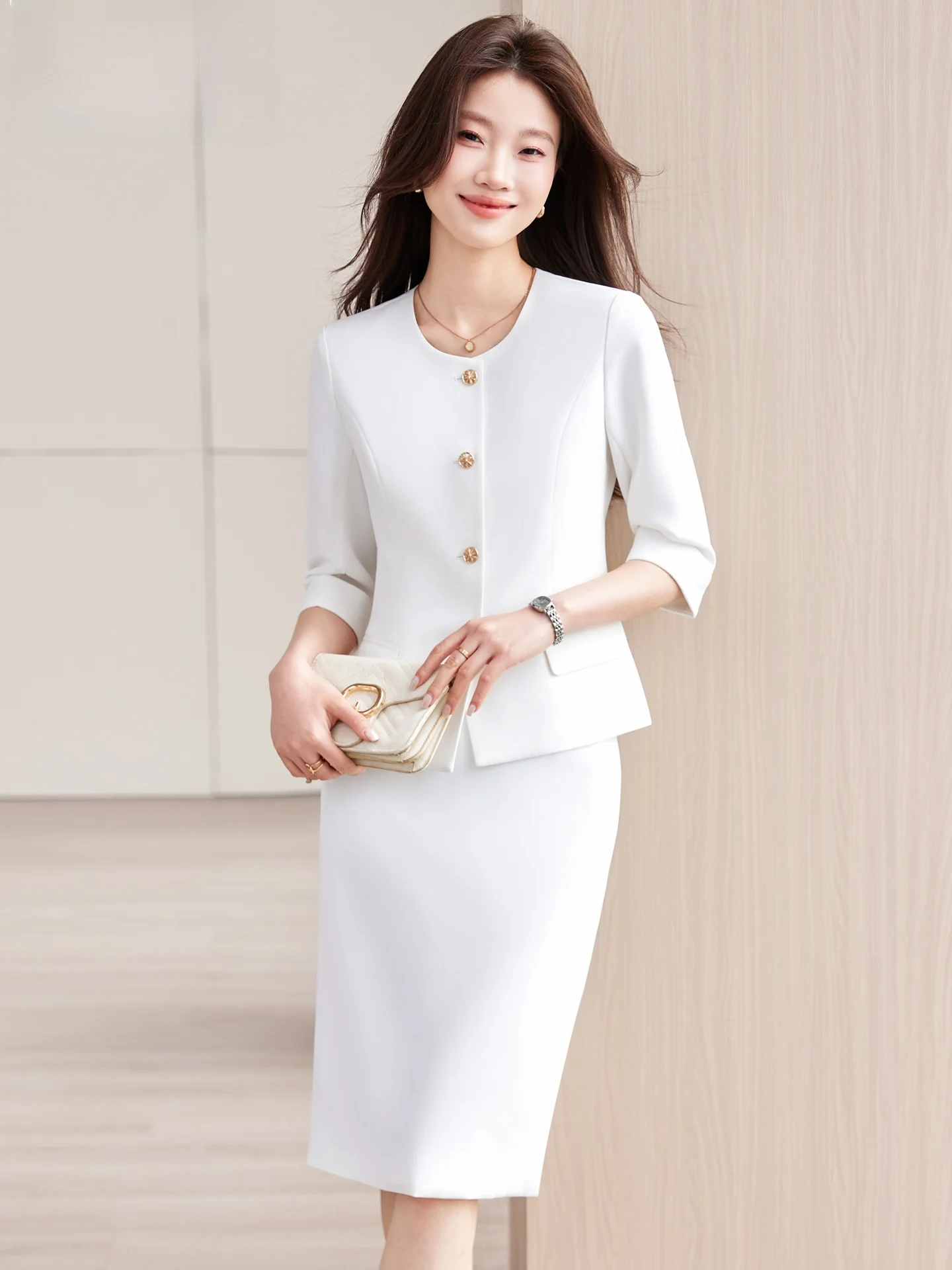 

White Summer Slim Fit Suit Set Women's Seven Quarter Sleeve Thin New Style 2026 Elegant Lady Goddess Style Business Suit Skirt