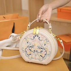 2023 National Embroidered PU Leather Small Handbag Round Shape Women Shoulder Bag Fashion Designer Purses Cross Body Bags