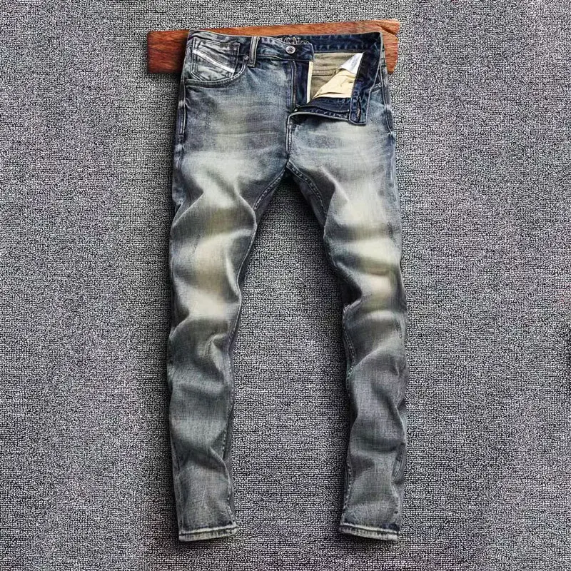 

Fashion Streetwear Men Jeans High Quality Retro Washed Blue Stretch Slim Fit Ripped Jeans Men Vintage Designer Denim Pants Homme