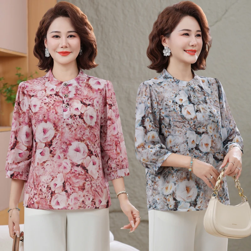 

Женская летняя тонкая модная блузка с цветочным принтом, рукавом три четверти и круглым вырезом из шифона