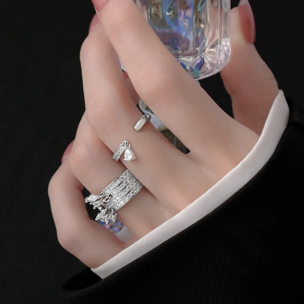 Luxury Personality Silver Color Shiny Full of Zircon Adjustable Open Ring for Women Stainless Steel Finger Charm Jewelry Gifts
