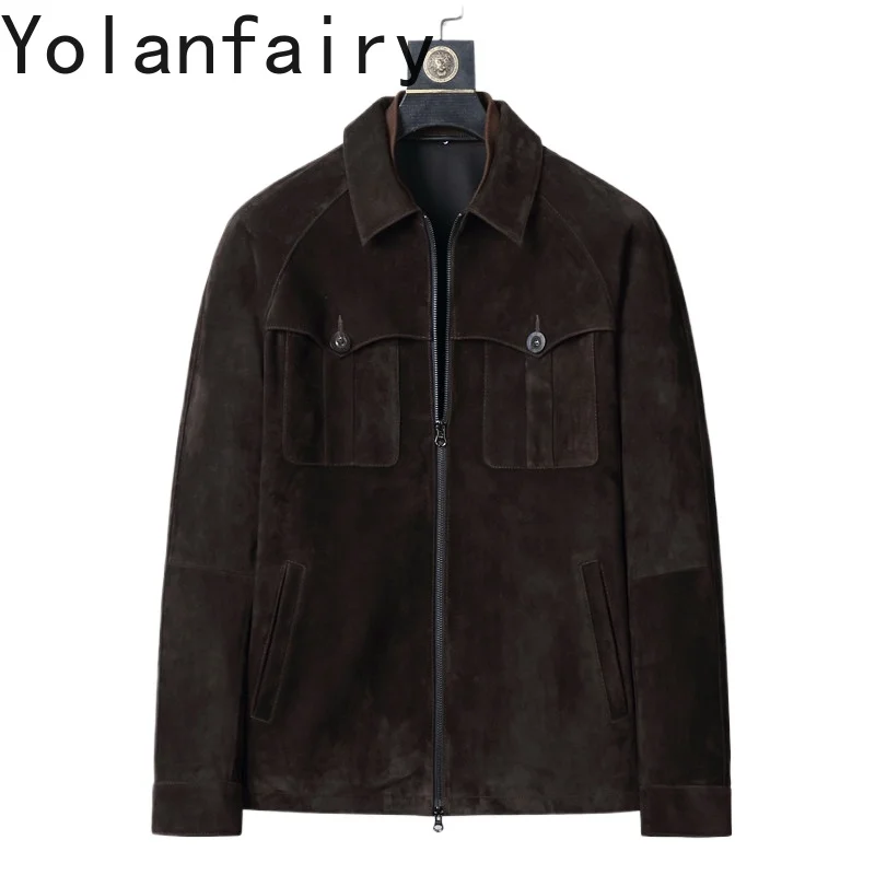 YOLANFAIRY Luxury 100% Real Sheepskin Suede Coat Man High Quality Lapel Genuine Men Leather Jacket Fashion Coffee Color abrigos