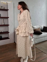 Clacive Fashion Loose Print Women's Two Pieces Set 2025 Elegant Long Sleeve Shirt With High Waist Ankle Length Skirt Set Female