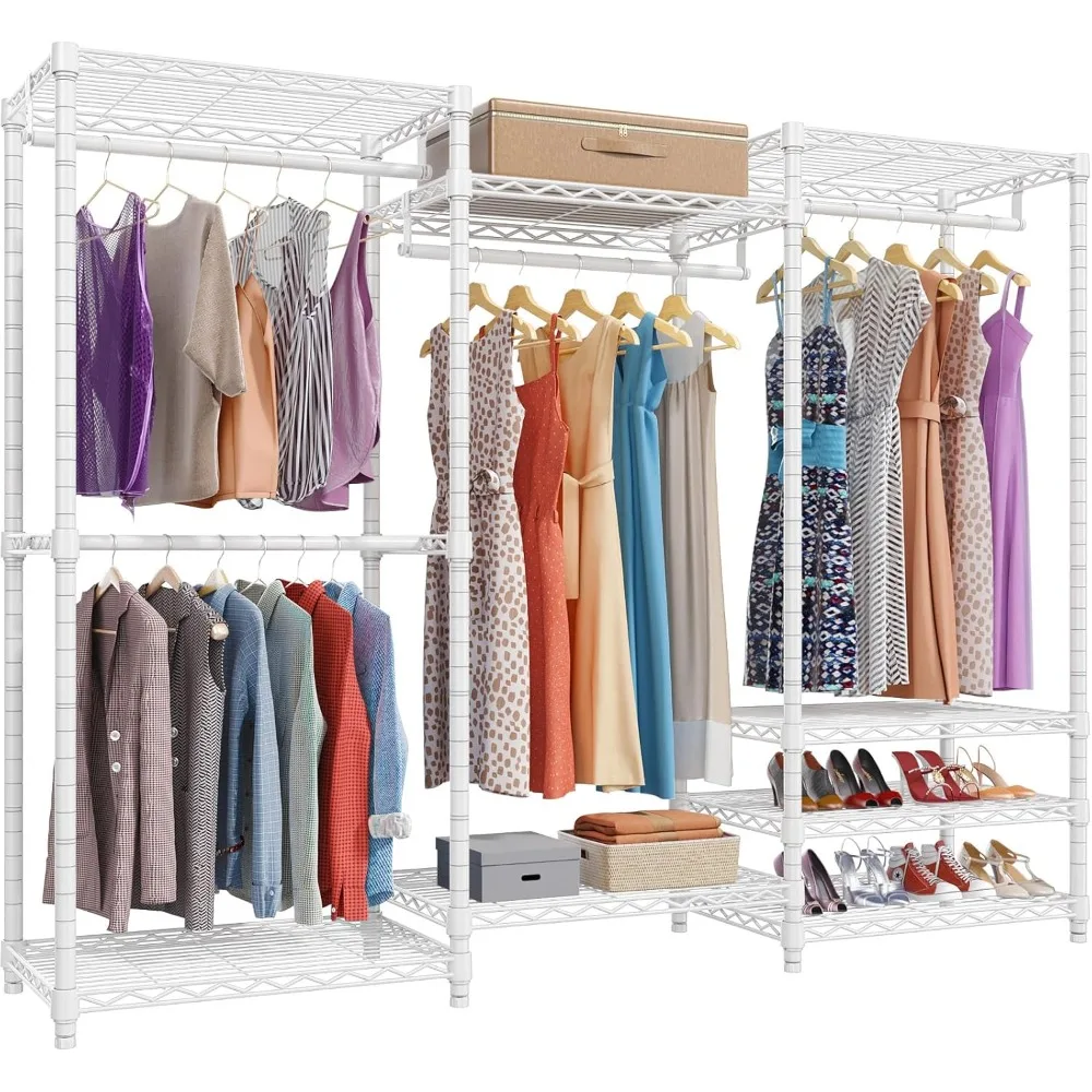

V5 Portable Closet Wardrobe Heavy Duty Clothes Rack, Freestanding Clothing Racks with 4 Hang Rods & 8 Shelves, Adjustable