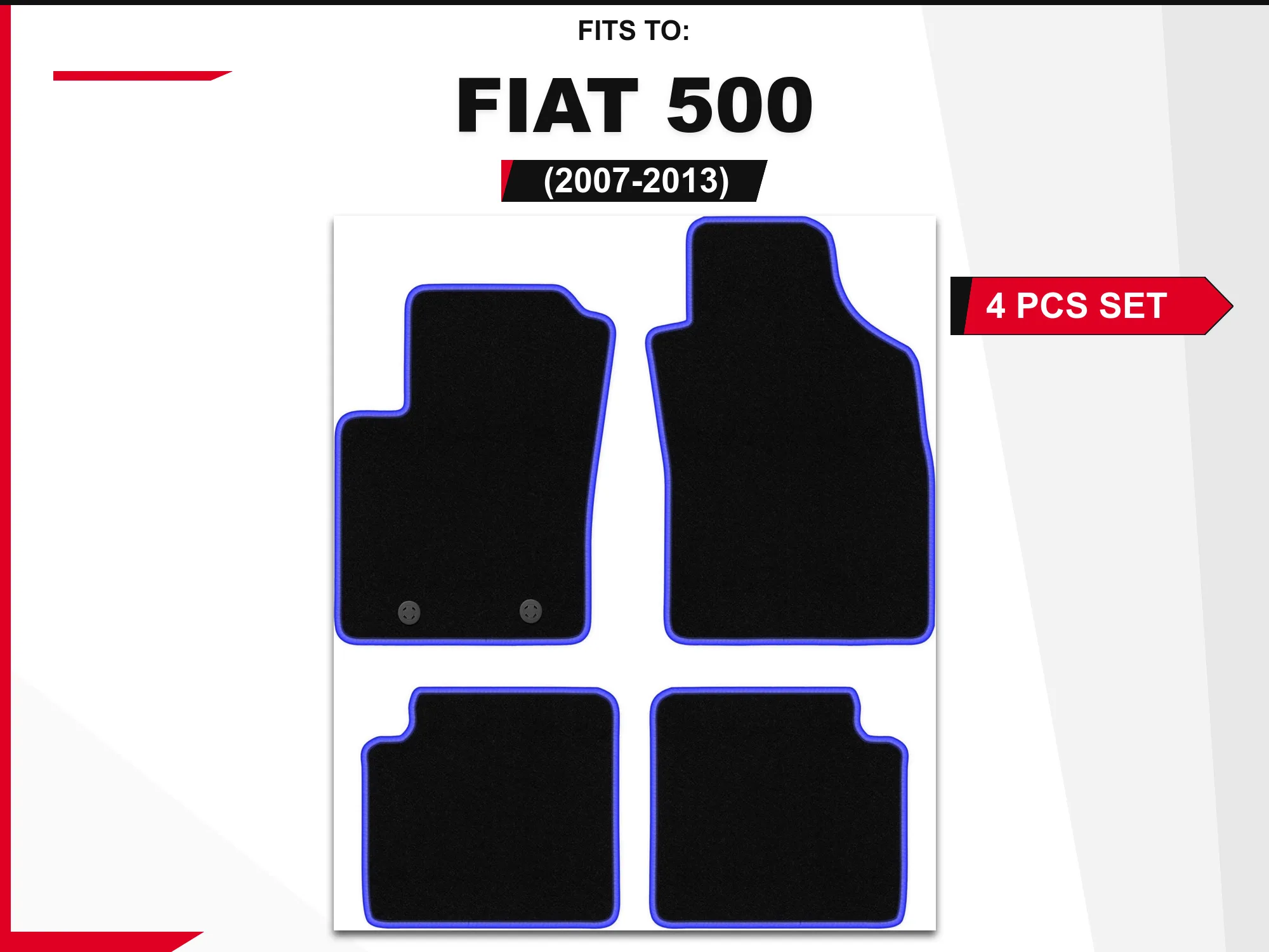 Image of Veloursteppiche für: Fiat 500 2007-2013, passendes Auto-Bodenbelagsset in Schwarz und Blau
