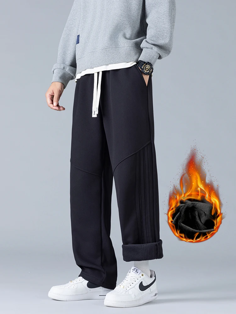 

Winter Men's Straight Fleece Casual Pants Fashionable Spliced ​​thick Warm Fleece Loose Trousers Drawstring Plush Sweatpants
