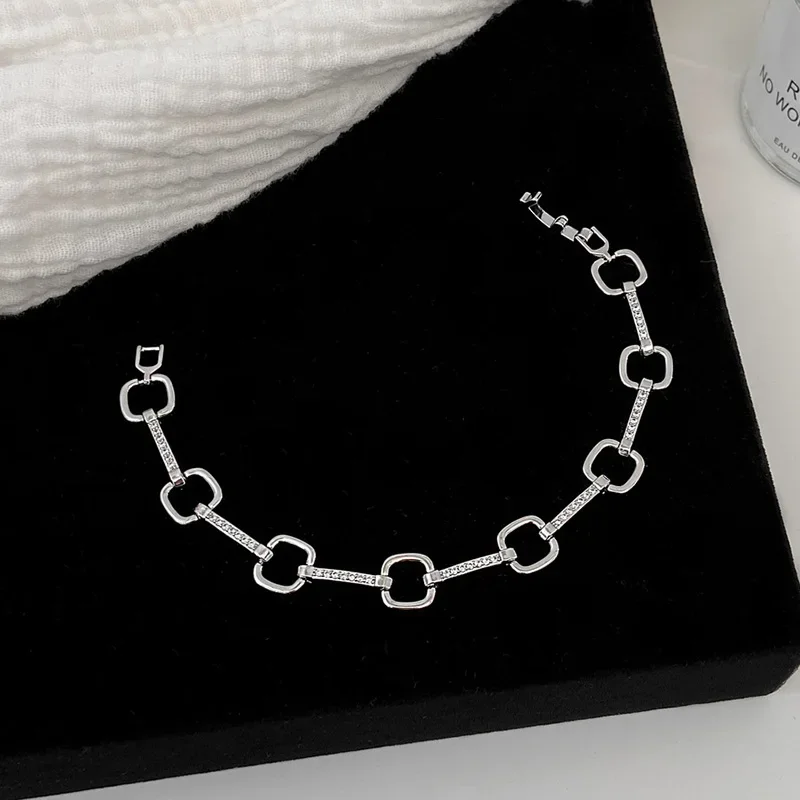 Bracelets à breloques en argent Sterling 925 véritable pour femmes, minimaliste, creux carré, Zircon, bijoux fins géométriques, accessoires tendance