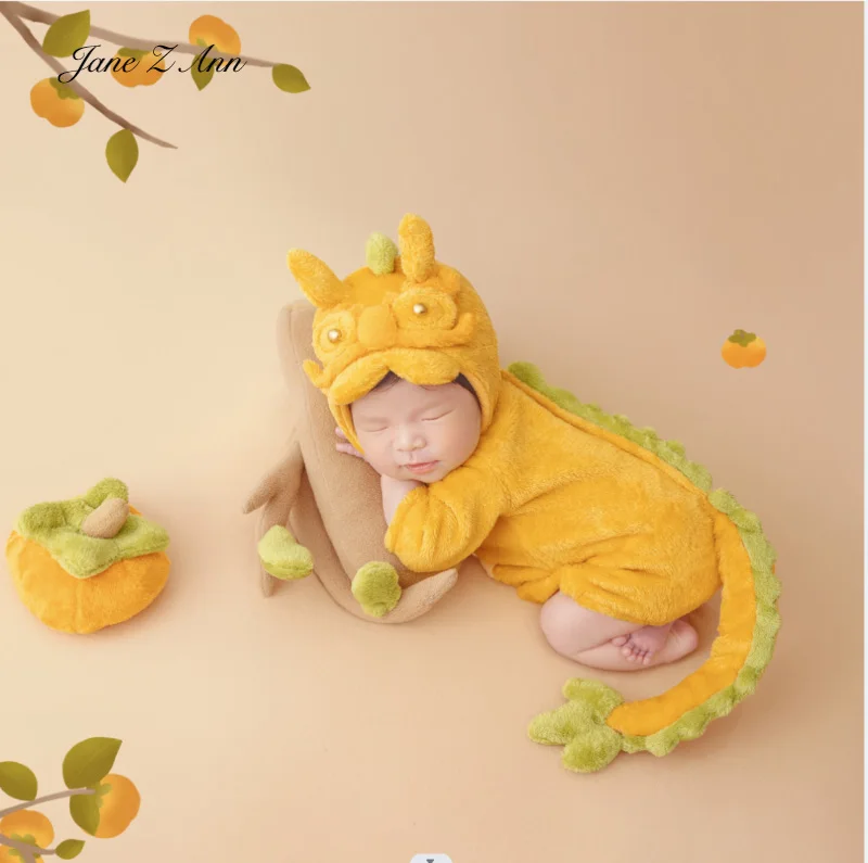 baby-loong-year-costume-yellow-hat-and-jumpsuit-creative-studio-shooting-newborn-baby-photo-props-yellow-green-color